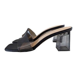 Vintage 90s BCBG Gray Plastic Mules Chunky Lucite Heel Square Toe Size 8.5